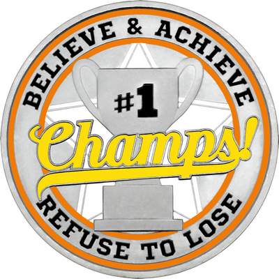 Yellow "Champs!" with Orange Outer Circular Borders